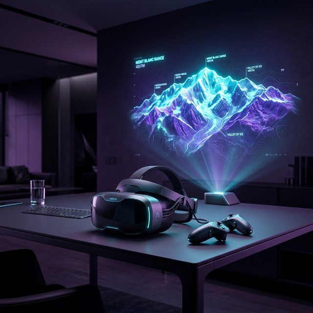 High-end cinematic 3D render of a futuristic virtual reality headset sitting on a sleek minimalist desk. In the background a soft glowing holographic map of a mountain range. Professional lighting, premium aesthetic, cyan and deep purple color palette. No people. No woman.